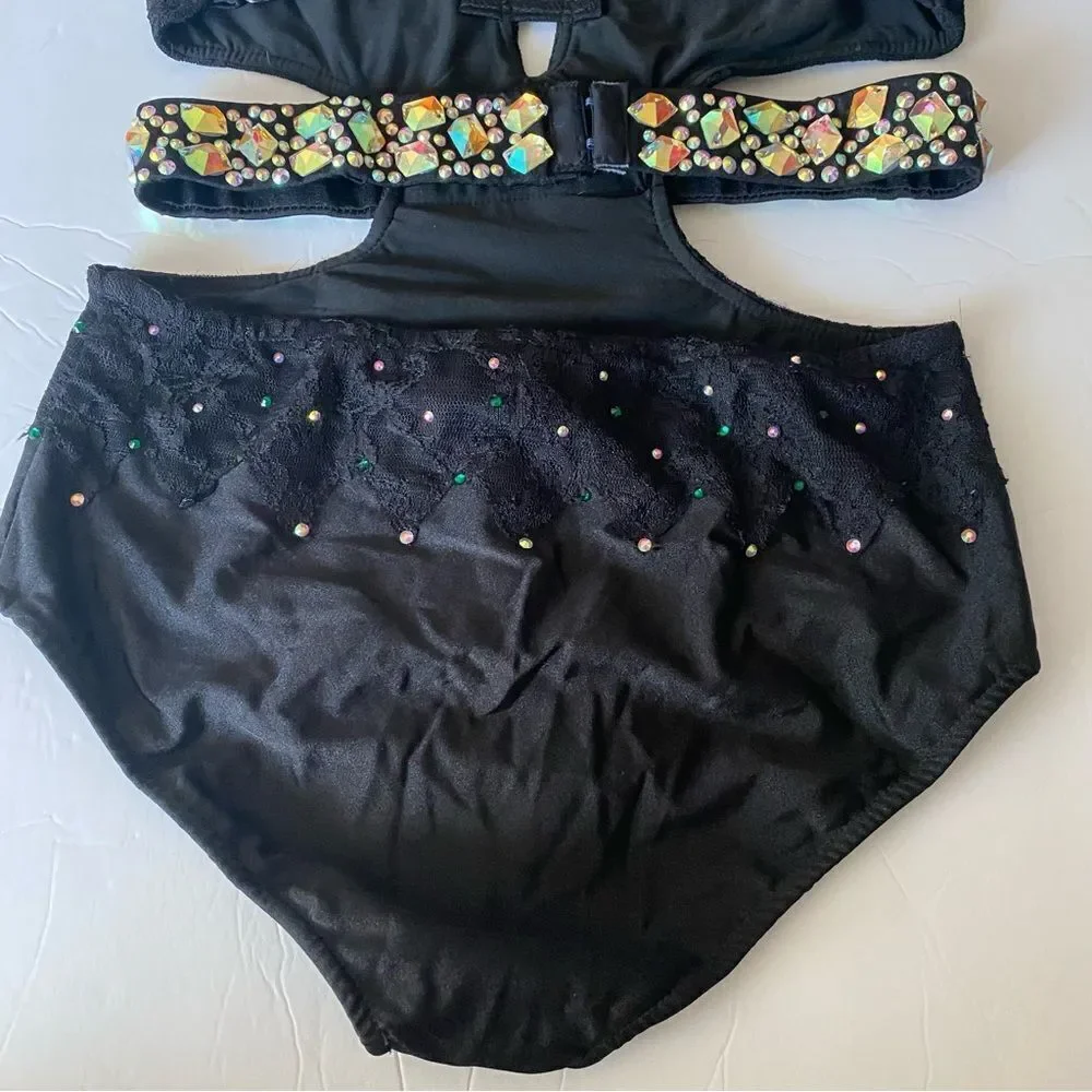 Glamour solo custom dance costume black leotard illusion MA-Medium adult